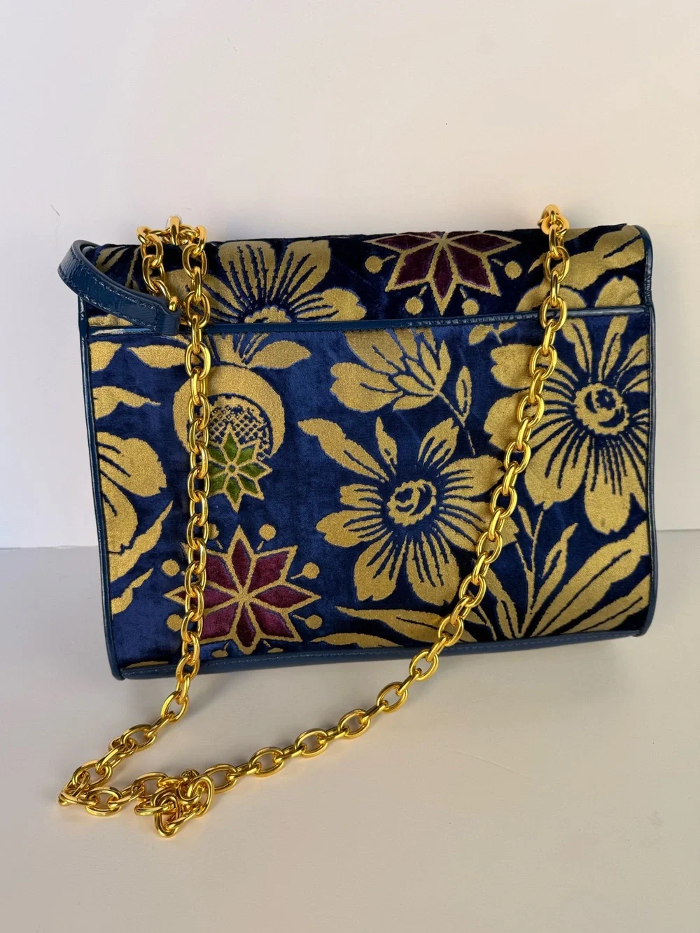 Tory Burch Cosmic Floral Velvet Shoulder Bag Blue Gold Chain $558
